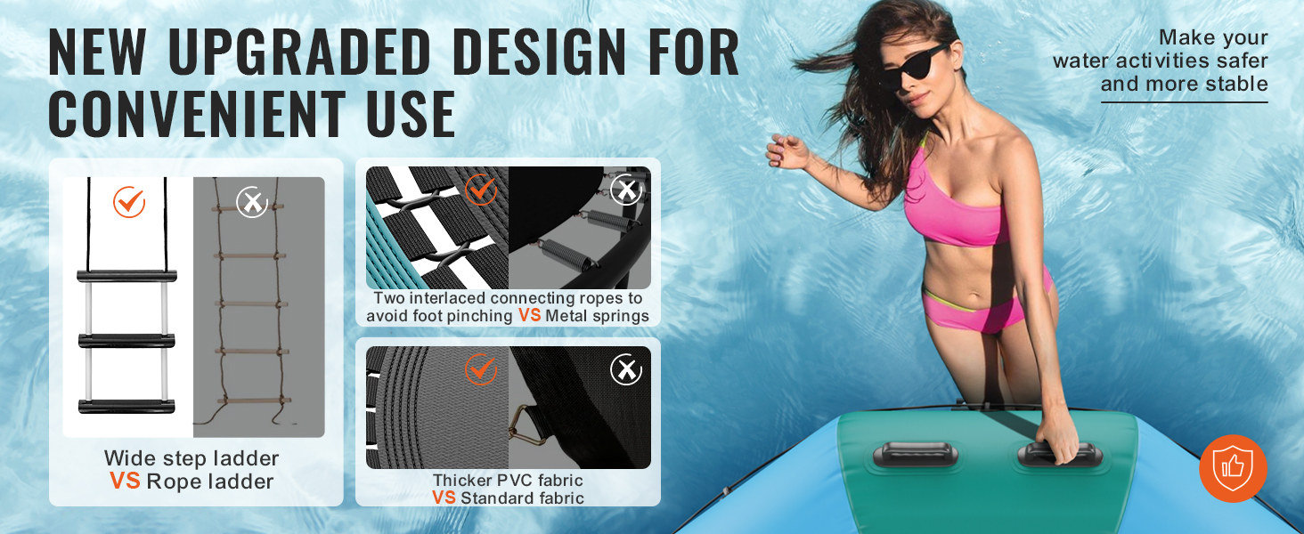 new upgraded design of the VEVOR inflatable water bouncer with wide step ladder and thicker pvc fabric.