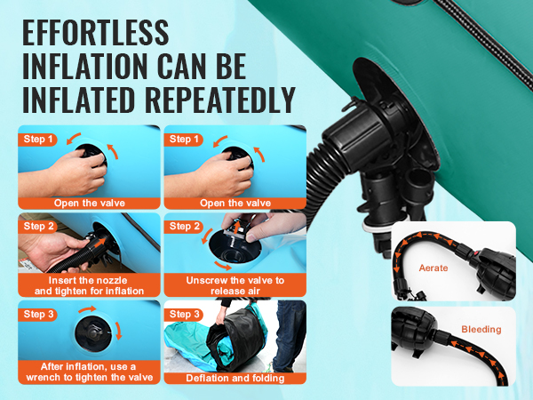 effortless inflation instructions for VEVOR inflatable water bouncer with valve and nozzle details.