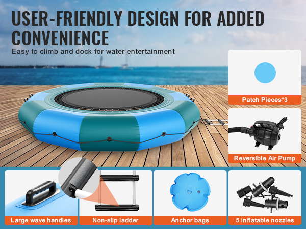 VEVOR inflatable water bouncer on wooden dock with accessories including air pump, handles, and ladder.