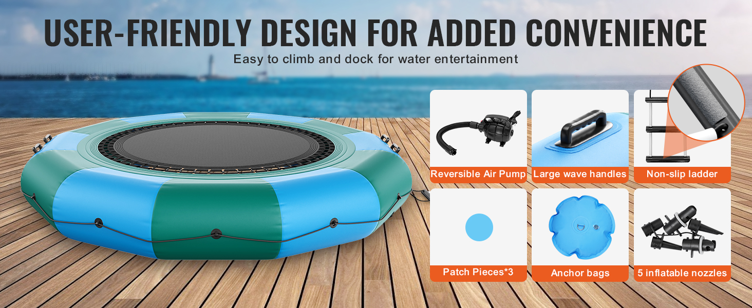 VEVOR inflatable water bouncer on wooden dock with accessories including air pump, handles, and ladder.