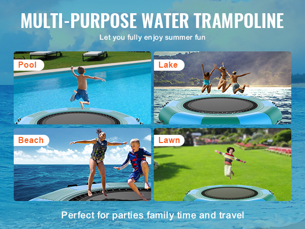 multi-purpose water trampoline for pool, lake, beach, and lawn activities. perfect for parties.