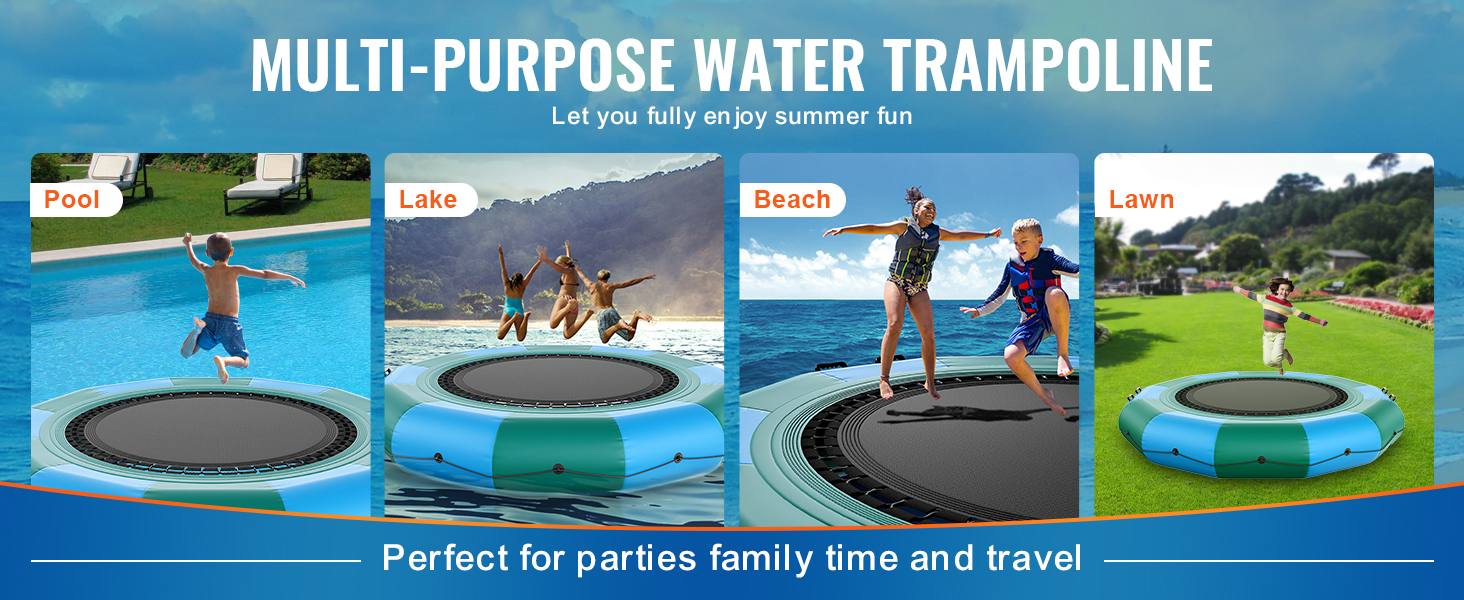 multi-purpose water trampoline for pool, lake, beach, and lawn activities. perfect for parties.