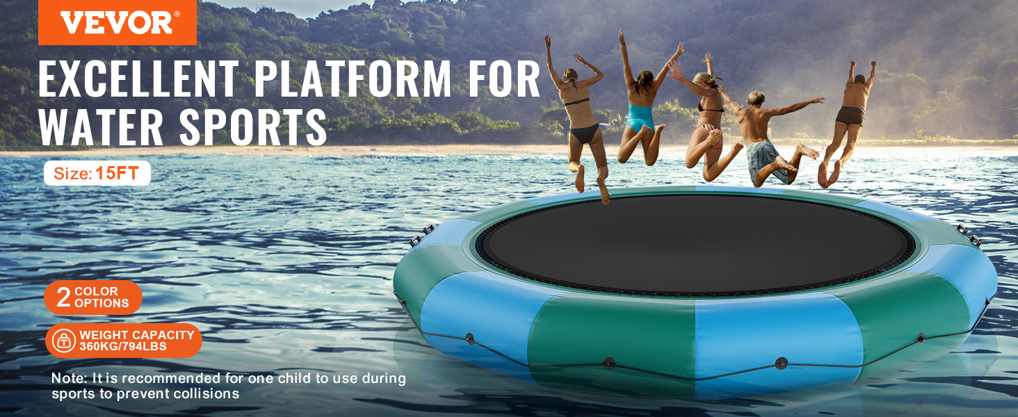 VEVOR inflatable water bouncer 15ft platform, ideal for water sports, 2 color options, 360kg capacity.