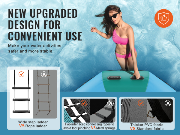 new upgraded VEVOR inflatable water bouncer with wide step ladder, interlaced ropes, and thicker pvc fabric.