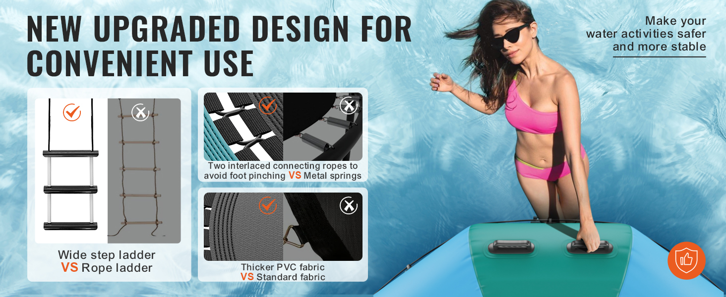 new upgraded VEVOR inflatable water bouncer with wide step ladder, interlaced ropes, and thicker pvc fabric.