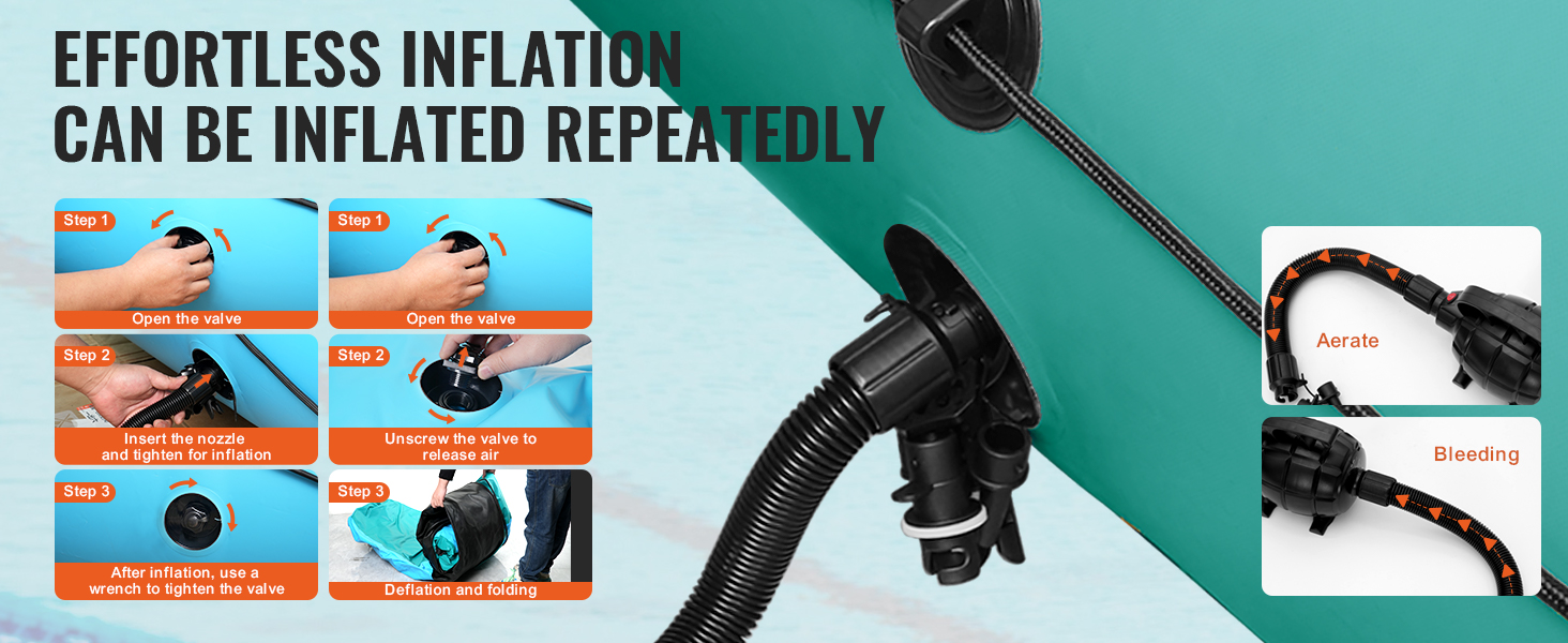 effortless inflation with VEVOR inflatable water bouncer, showing steps to inflate and deflate repeatedly.