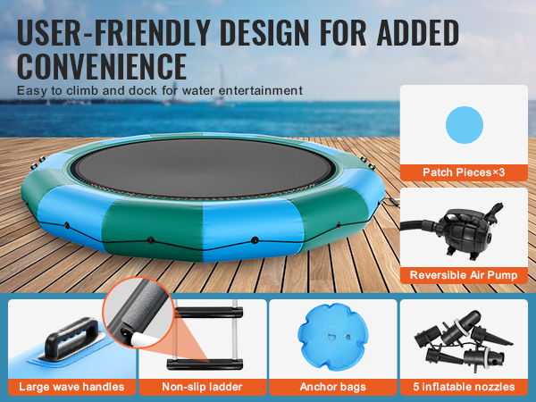 VEVOR inflatable water bouncer on dock with air pump, wave handles, ladder, patches, anchor bags, nozzles.
