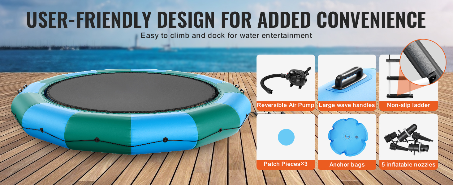 VEVOR inflatable water bouncer on dock with air pump, wave handles, ladder, patches, anchor bags, nozzles.