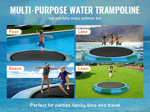 VEVOR inflatable water bouncer ideal for pool, lake, beach, and lawn fun; perfect for family time.