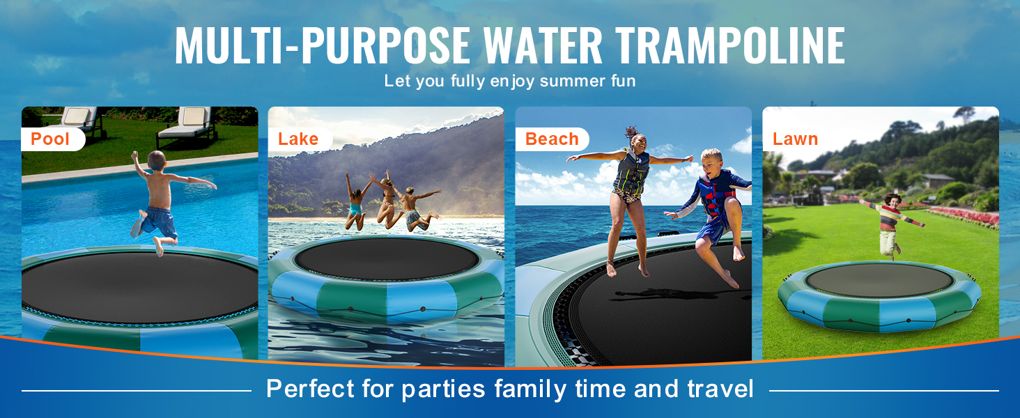 VEVOR inflatable water bouncer ideal for pool, lake, beach, and lawn fun; perfect for family time.