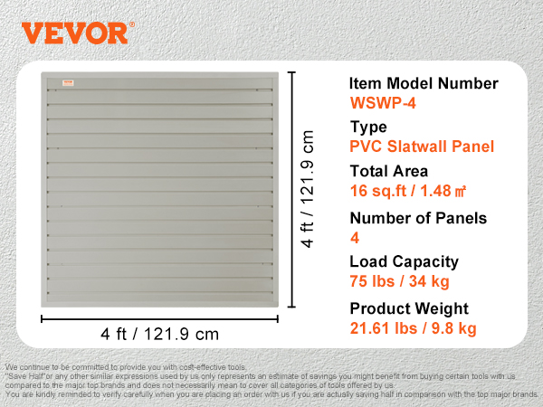 VEVOR slatwall panels, 4 ft square, grey pvc, load capacity 75 lbs, 16 sq.ft area, wswp-4 model.
