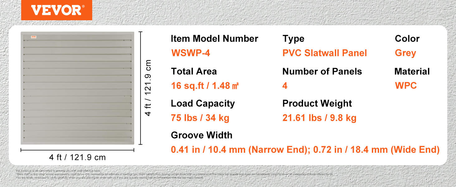 VEVOR slatwall panels, 4 ft square, grey pvc, load capacity 75 lbs, 16 sq.ft area, wswp-4 model.