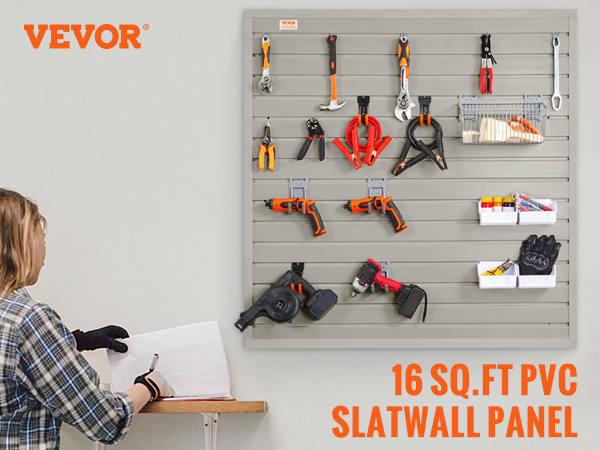 VEVOR slatwall panels showcasing tool organization with high strength and weather resistance.
