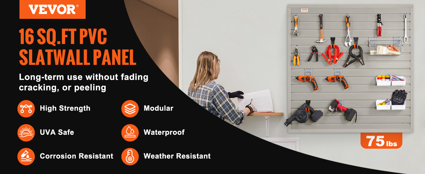 VEVOR slatwall panels showcasing tool organization with high strength and weather resistance.