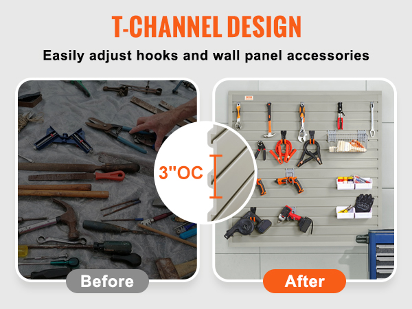 before and after using VEVOR slatwall panels showing organized tool storage with adjustable hooks.