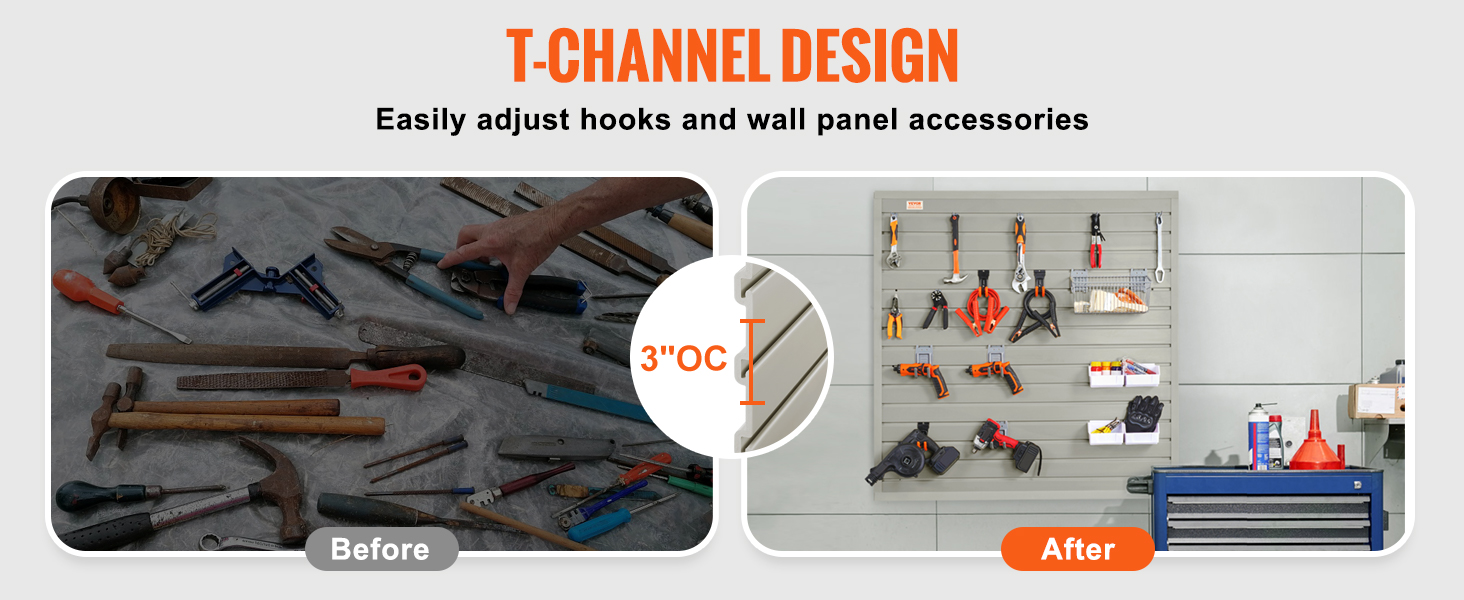 before and after using VEVOR slatwall panels showing organized tool storage with adjustable hooks.