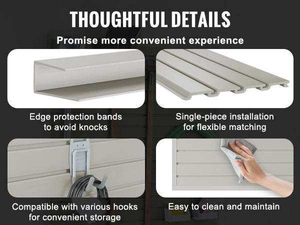 VEVOR slatwall panels showcasing tool storage, edge protection, single-piece installation, and easy cleaning.