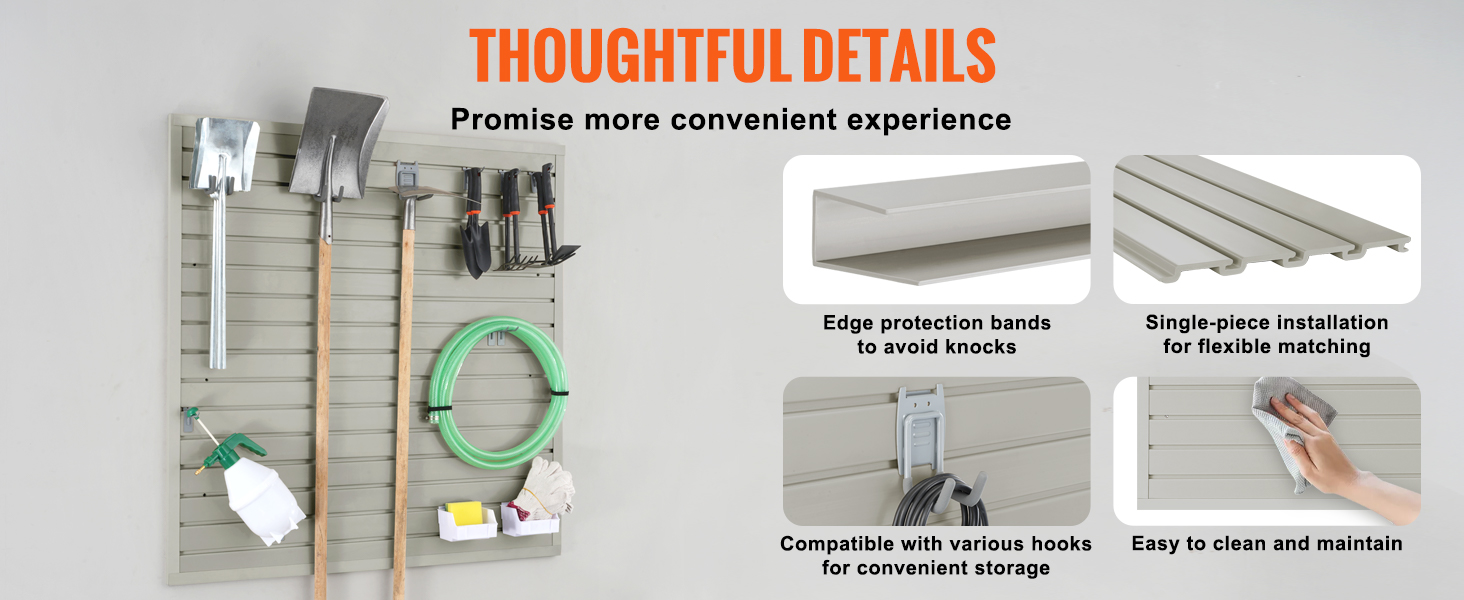 VEVOR slatwall panels showcasing tool storage, edge protection, single-piece installation, and easy cleaning.