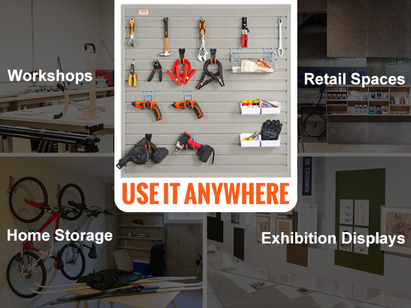 VEVOR slatwall panels showcasing tools in workshops, retail spaces, home storage, and exhibition displays.