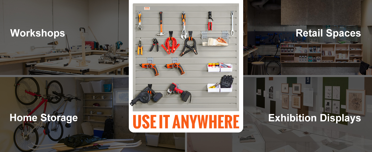 VEVOR slatwall panels showcasing tools in workshops, retail spaces, home storage, and exhibition displays.