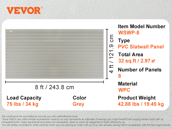 VEVOR garage wall panels, 32 sq.ft, pvc slatwall panel, 75 lbs load, 8 panels, grey wpc material.