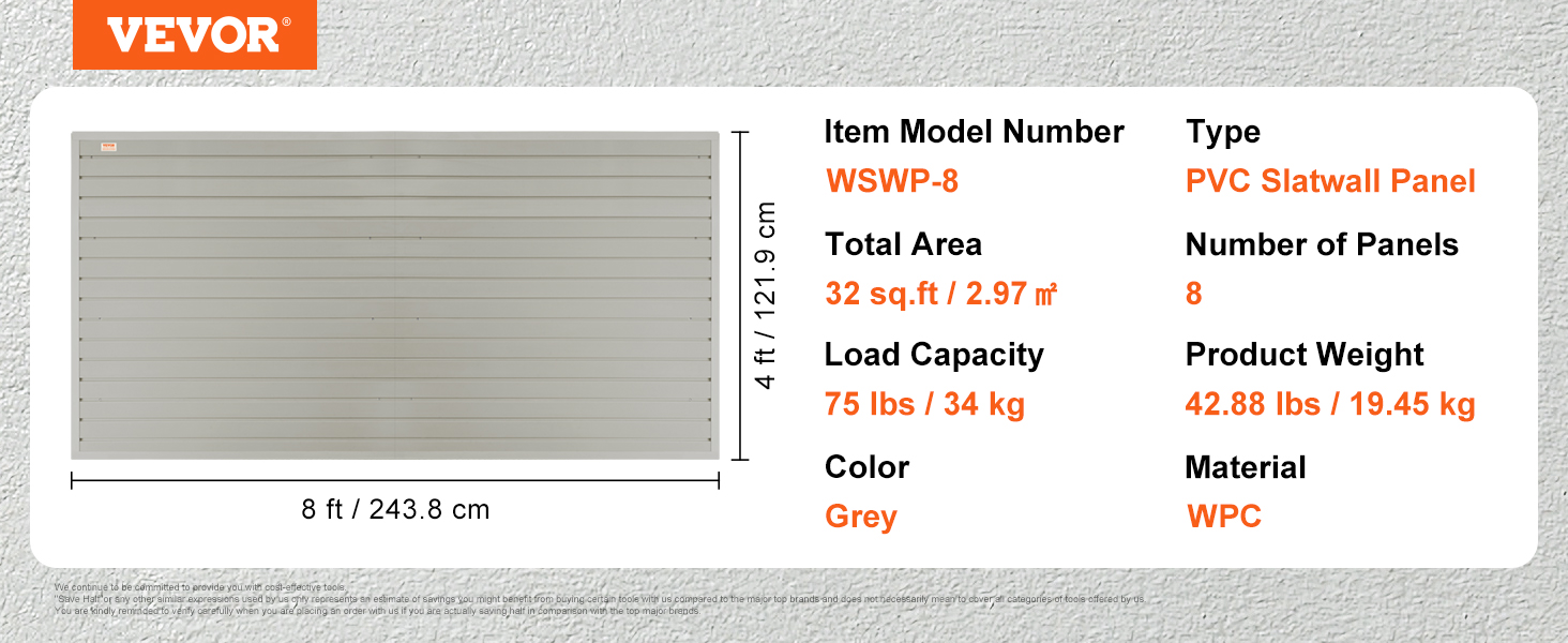 VEVOR garage wall panels, 32 sq.ft, pvc slatwall panel, 75 lbs load, 8 panels, grey wpc material.