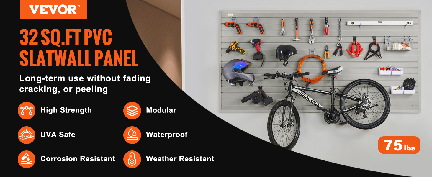VEVOR garage wall panels holding tools, bike, and accessories on a gray slatwall with text and icons.