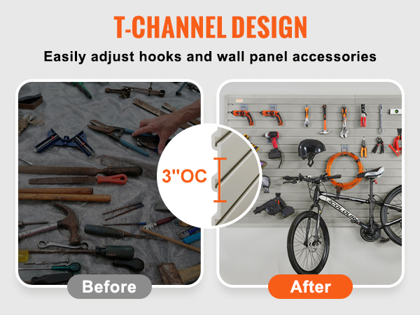 before and after comparison of organized tools using VEVOR garage wall panels with t-channel design for adjustable hooks.