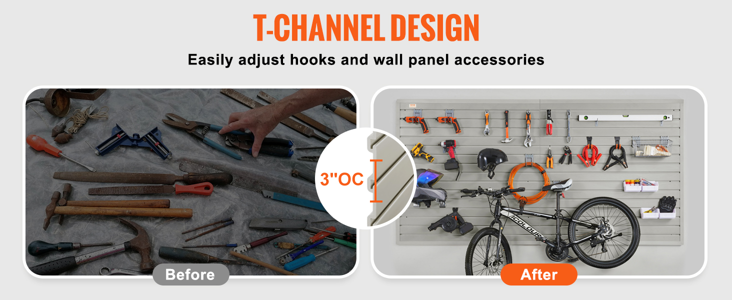before and after comparison of organized tools using VEVOR garage wall panels with t-channel design for adjustable hooks.