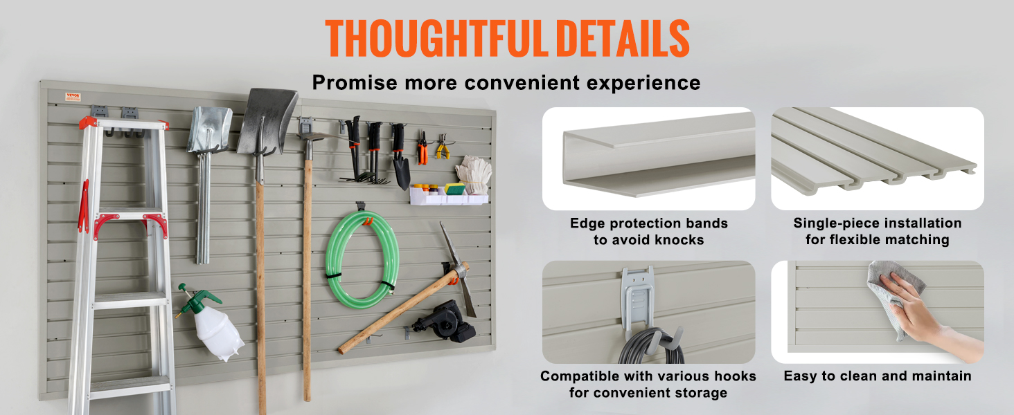 VEVOR garage wall panels displaying tools, ladder, and hose for organized storage solutions.