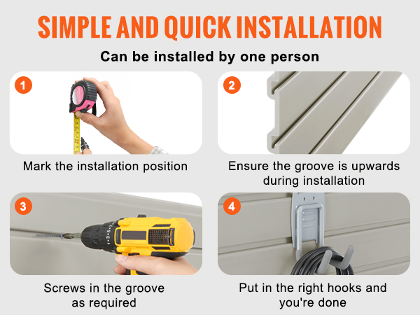 installation steps for VEVOR garage wall panels: mark position, align grooves, insert screws, attach hooks.