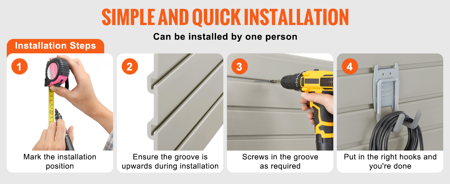 installation steps for VEVOR garage wall panels: mark position, align grooves, insert screws, attach hooks.