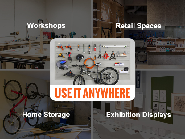 VEVOR garage wall panels for workshops, home storage, retail spaces, and exhibition displays.