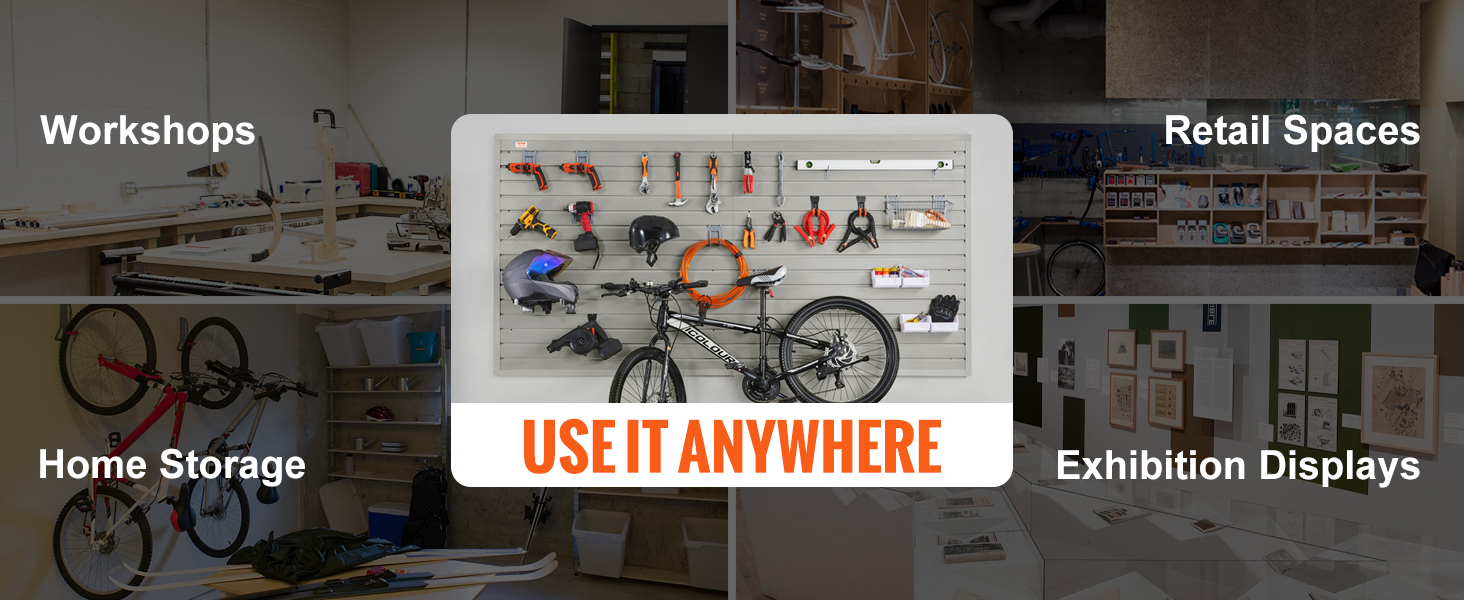 VEVOR garage wall panels for workshops, home storage, retail spaces, and exhibition displays.