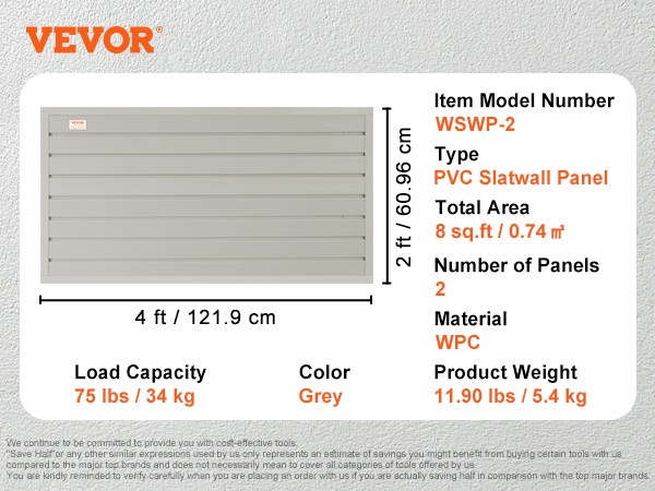 VEVOR slatwall panels specification: 8 sq.ft, 75 lbs capacity, grey color, pvc material, 2 panels, 11.90 lbs.