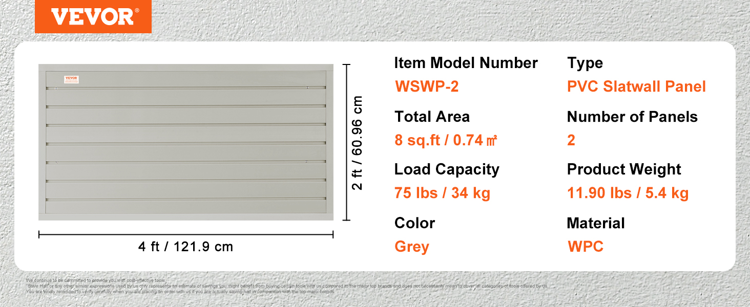 VEVOR slatwall panels specification: 8 sq.ft, 75 lbs capacity, grey color, pvc material, 2 panels, 11.90 lbs.