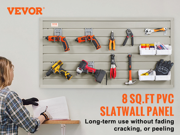VEVOR slatwall panels displaying various tools; features include high strength, waterproof, and uv-safe.