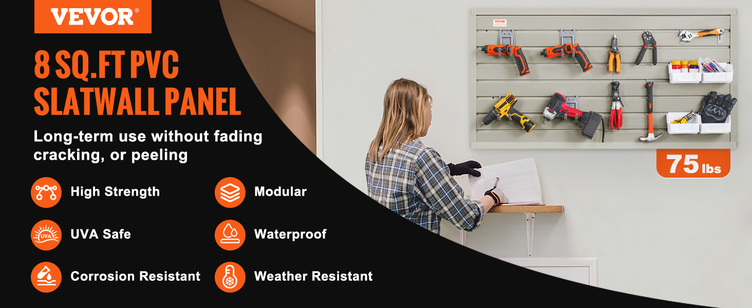 VEVOR slatwall panels displaying various tools; features include high strength, waterproof, and uv-safe.