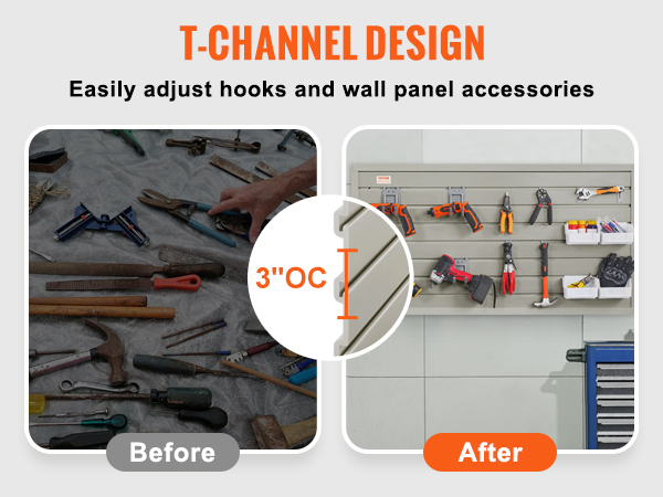 t-channel design, before and after visual of tools, VEVOR slatwall panels, organized wall storage.