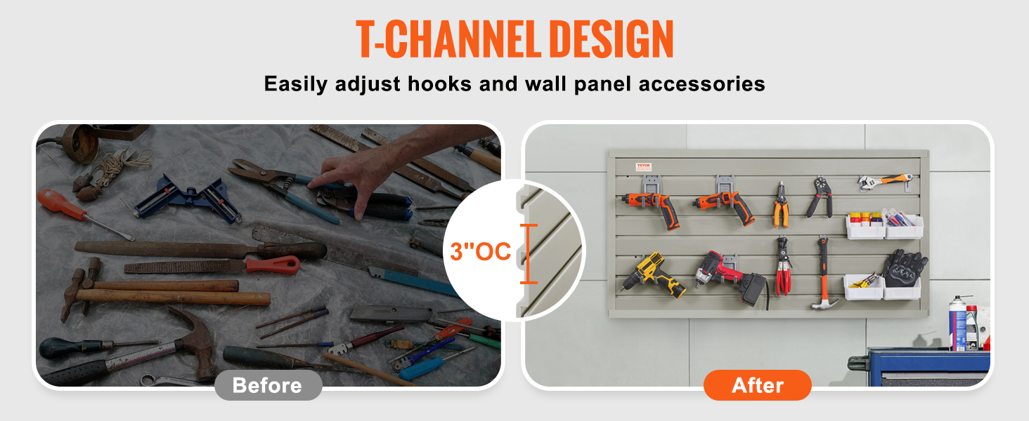 t-channel design, before and after visual of tools, VEVOR slatwall panels, organized wall storage.