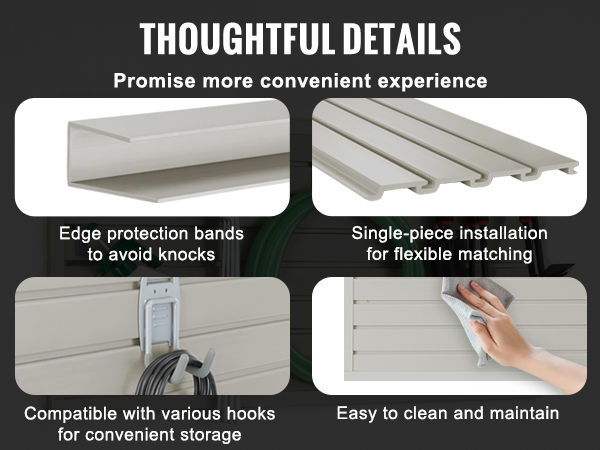 VEVOR slatwall panels with hooks, shovel, hose, and cleaning images showing features and accessories.