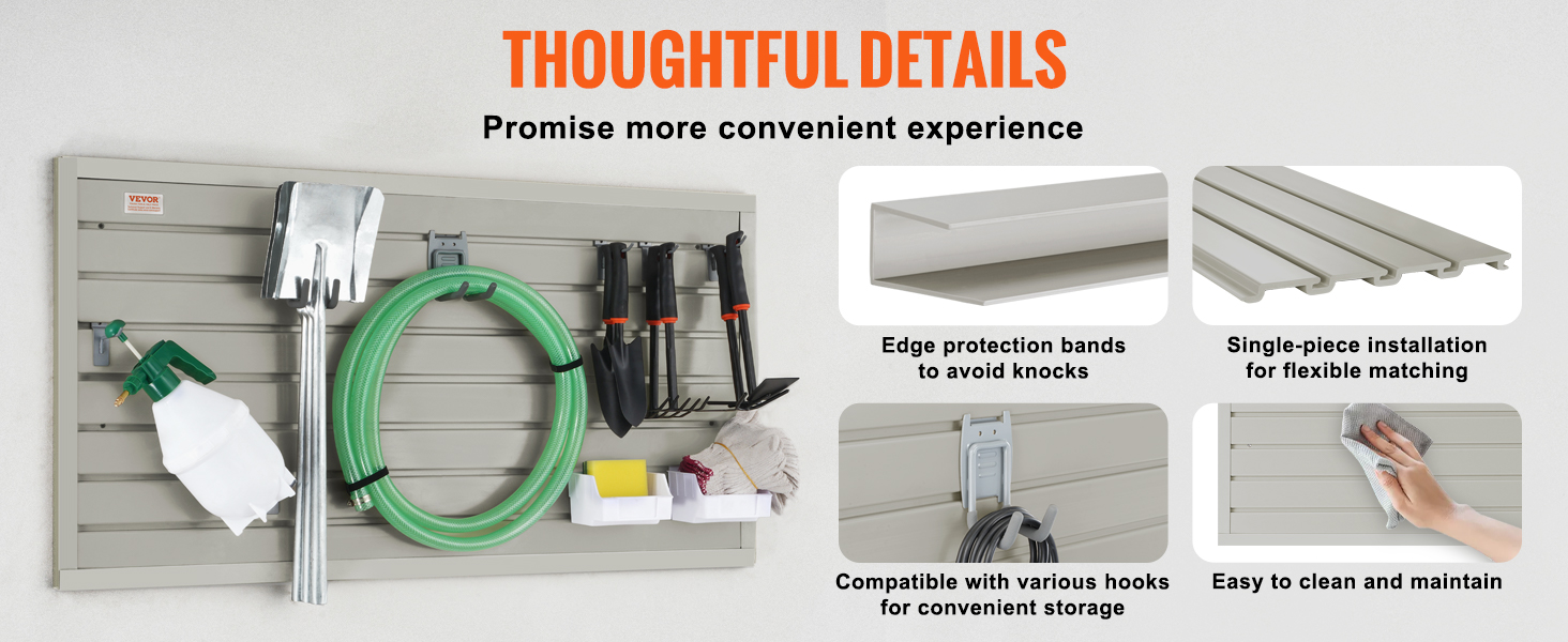 VEVOR slatwall panels with hooks, shovel, hose, and cleaning images showing features and accessories.