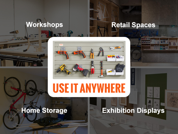 VEVOR slatwall panels for workshops, home storage, retail spaces, and exhibition displays. use it anywhere.