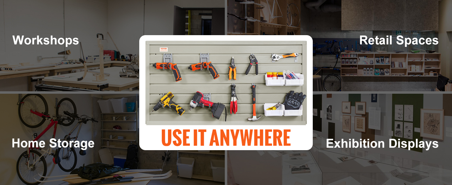 VEVOR slatwall panels for workshops, home storage, retail spaces, and exhibition displays. use it anywhere.