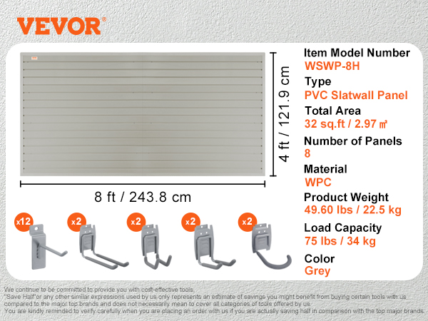 VEVOR slatwall panels, model wswp-8h, 32 sq.ft grey pvc with accessories, 75 lbs capacity.