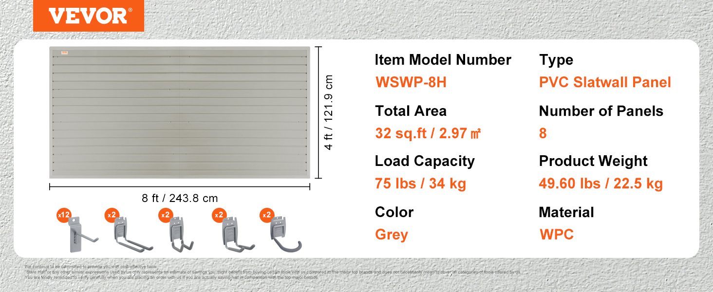 VEVOR slatwall panels, model wswp-8h, 32 sq.ft grey pvc with accessories, 75 lbs capacity.