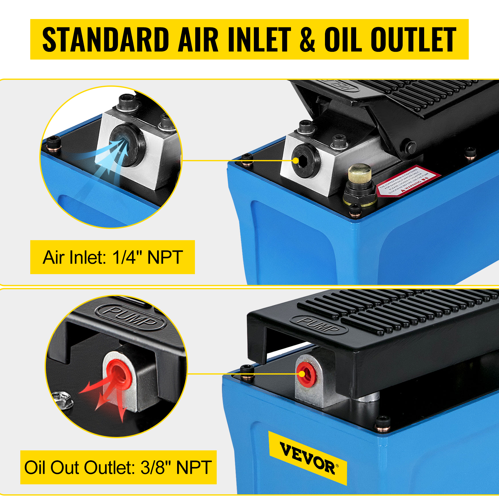 VEVOR pneimatiskais hidrauliskais sūknis ar 1/4" npt gaisa ieplūdes atveri un 3/8" npt eļļas izplūdes atveri.