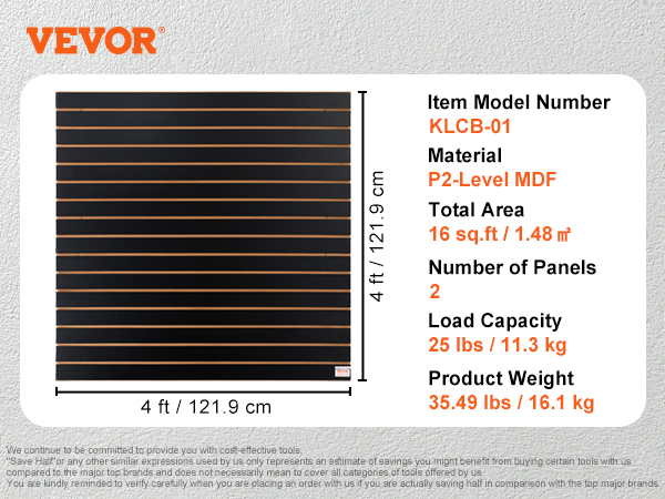 VEVOR slatwall panels, klcb-01, black, 4 ft x 4 ft, p2-level mdf, 16 sq.ft total area, 25 lbs load capacity.