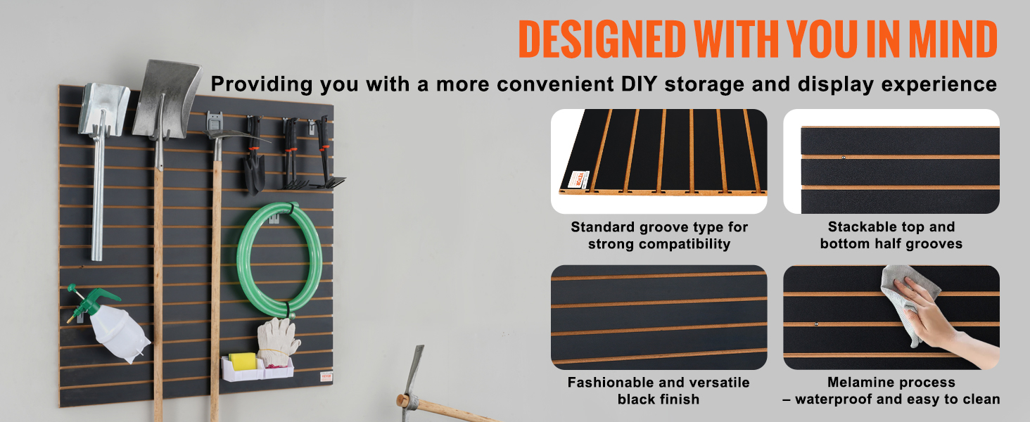 VEVOR slatwall panels showcasing a diy storage solution with black finish and various hanging tools.