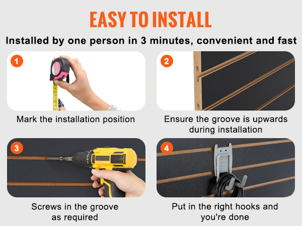 easy installation steps for VEVOR slatwall panels: mark, align groove, screw in, and add hooks.